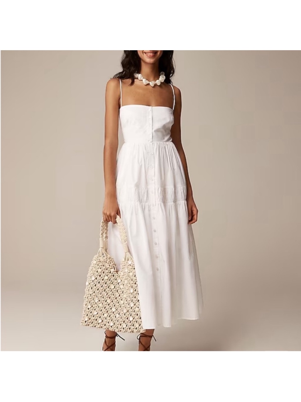 White Spaghetti-Strap Button-Front Midi Dress
